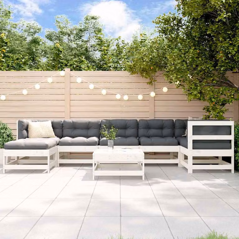 Set Salotto da Giardino vidaXL in Legno di Pino con Cuscini Bianchi e Grigi, Composizione a L con 8 Pezzi