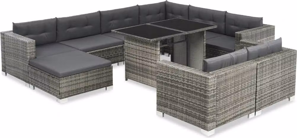The Living Store Set da giardino da 10 pezzi con cuscini in poly rattan grigio