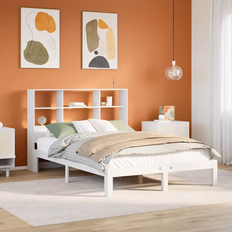 vidaXL Letto Libreria in Legno di Pino Bianco con Ripiani Laterali L/P/H: 160 x 200 x 166 cm