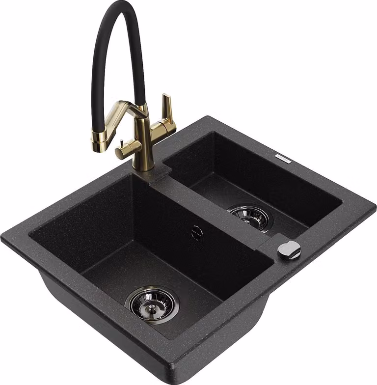 Mexen Carlos lavello in granito a 1,5 vasca con miscelatore cucina Duo, nero/argento metallizzato - 6518-73-671701-57-B
