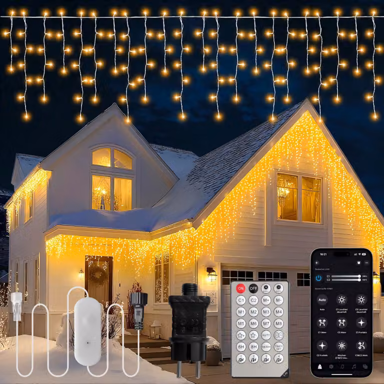 Catena luminosa a LED a forma di ghiacciolo, luce bianco caldo, 18 metri, adatta per interni ed esterni