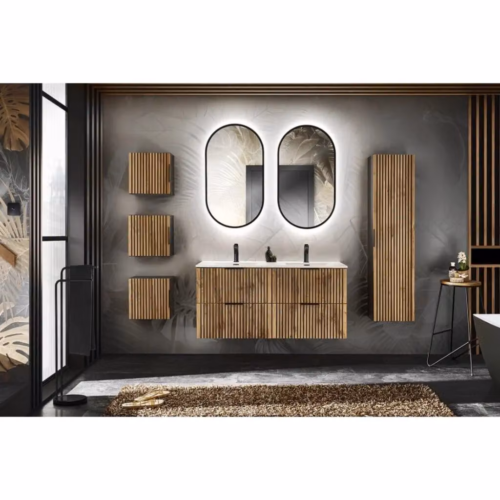 Set KINOKO Meublorama: mobile sottolavabo con doppio lavabo incassato bianco, 2 specchi con illuminazione LED e mobili contenitori per bagno, L: 120 cm – 2