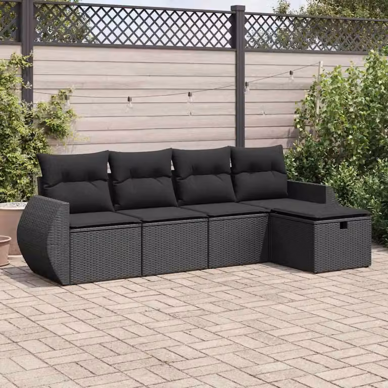 Set Divano da Giardino a L vidaXL 5 pz in Polyrattan Nero con Cuscini e Ottoman