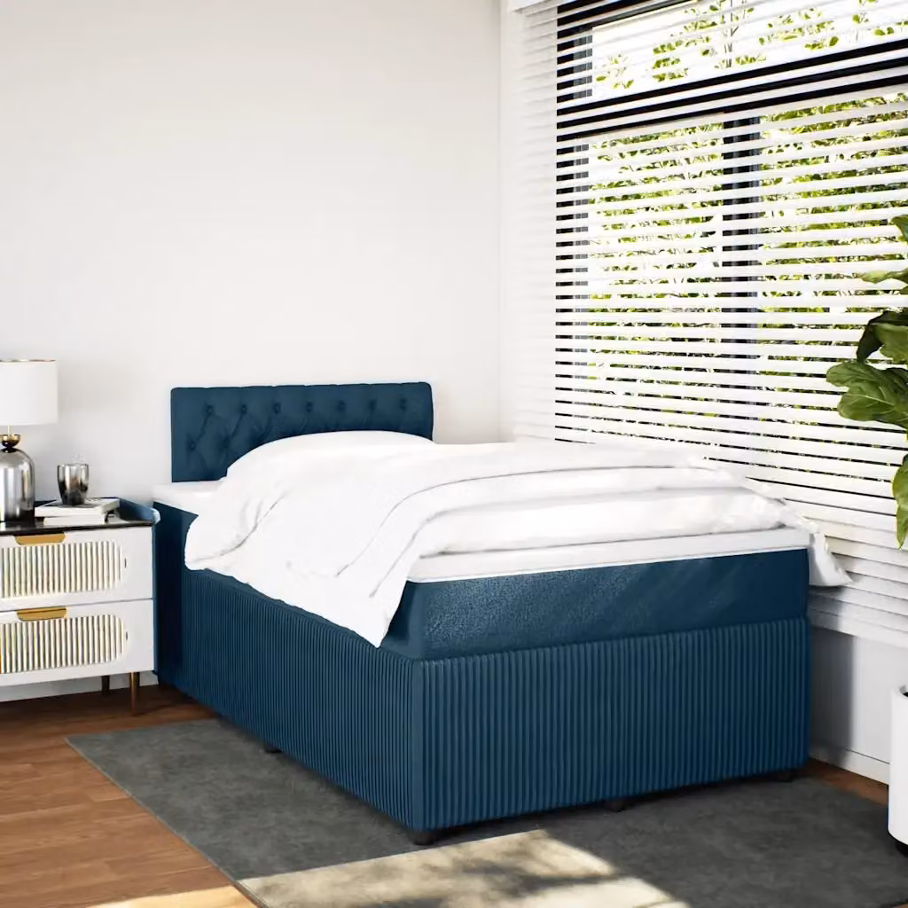 Letto Ibrido vidaXL con Giroletto a Molle e Materasso in Velluto Blu e Bianco, L/P: 120 x 200 cm – 2
