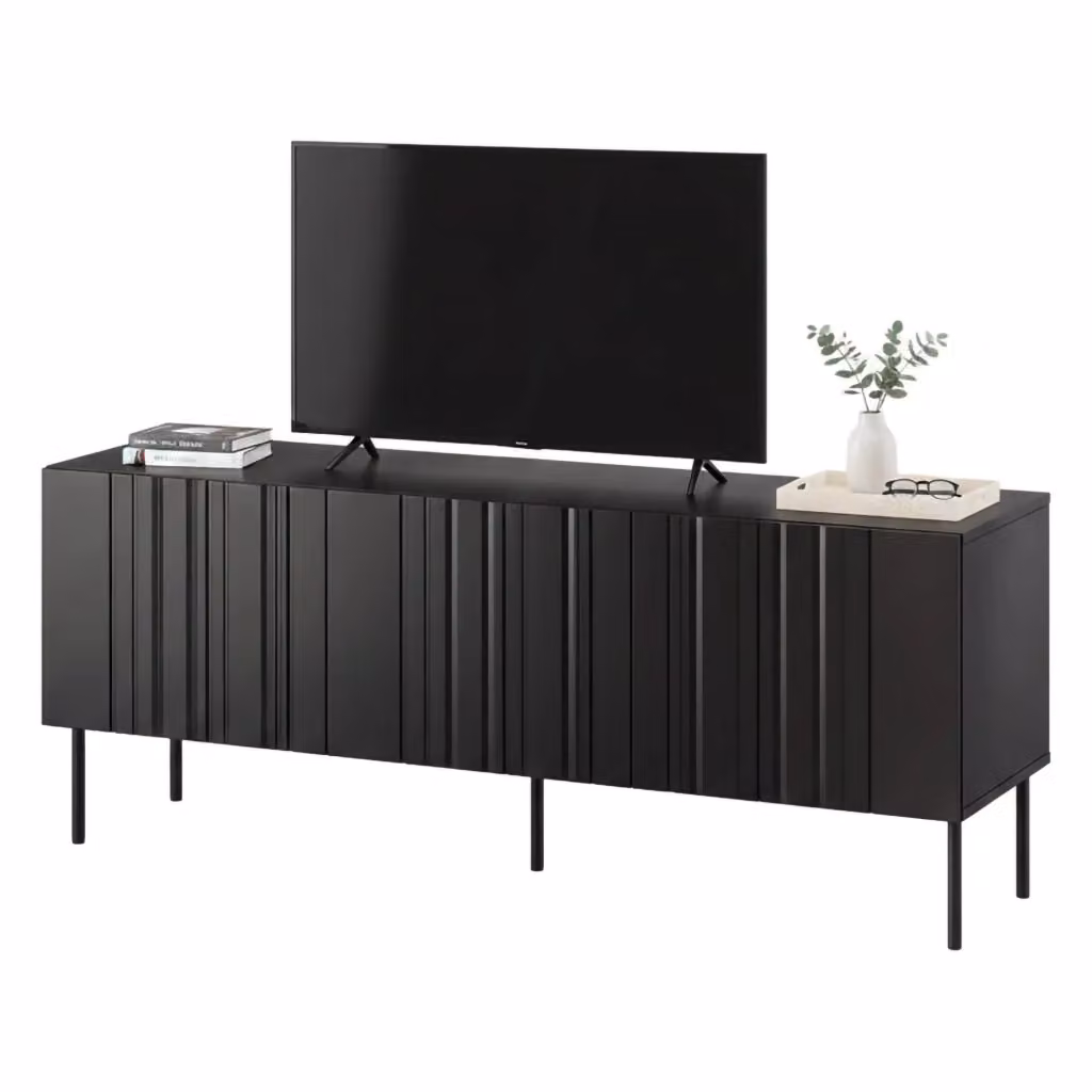 Mobile porta TV DMORA in frassino e MDF nero con tre ante battenti e tre vani interni, design moderno, L 151 x P 42 x H 60 cm – 2