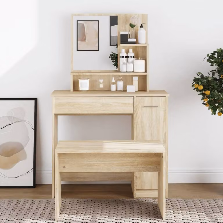 The Living Store Comodino con specchio rovere Sonoma 86,5x35x136 cm