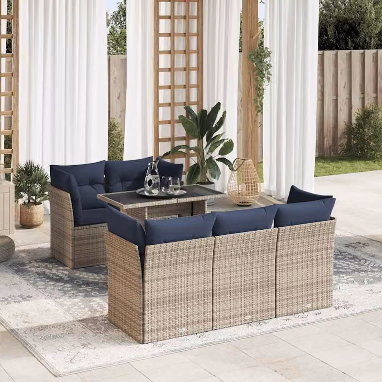 Set Divano da Giardino a L vidaXL in Polyrattan con Cuscini e Tavolino da Caffè, 6 Pezzi, Grigio e Blu