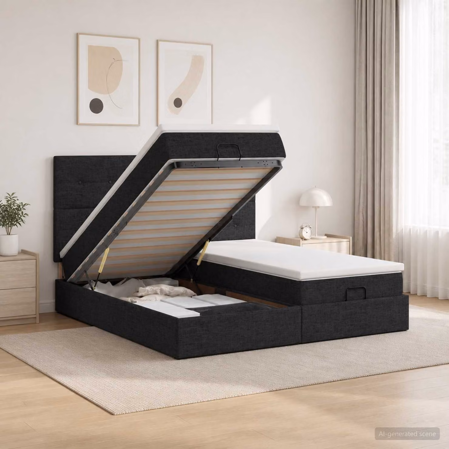 Set Letto Ottomano con Materasso e Testiera vidaXL in Tessuto Nero 200 x 200 cm