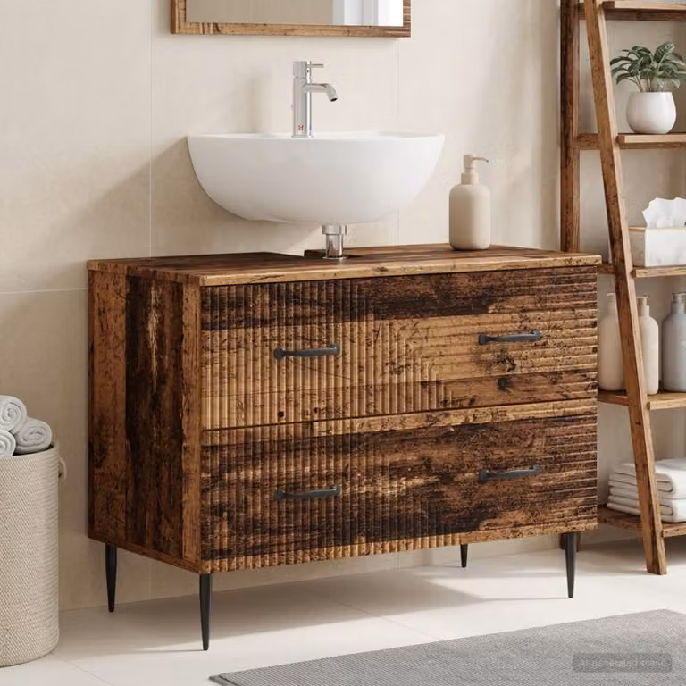 Armadio per lavabo da bagno vidaXL HAARLEM in legno antico, colore marrone e nero, con ante a battente e cassetti interni