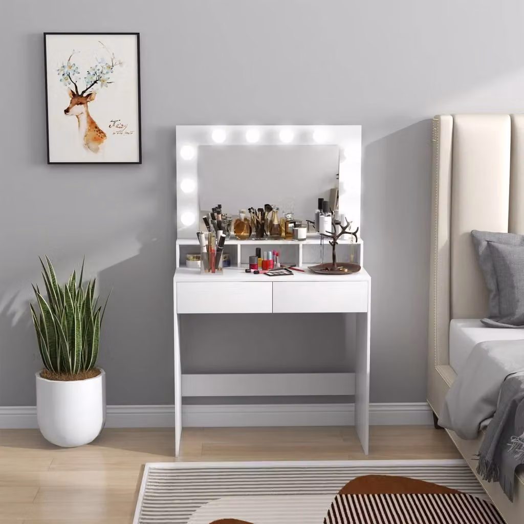 Consolle Trucco Giordanoshop con Specchio e 10 Luci LED Stile Hollywood in Melamina Bianco L: 80 cm, P: 40 cm, H: 135 cm – 2