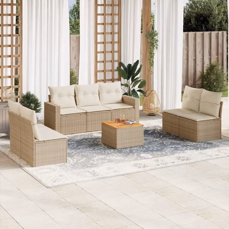 vidaXL Set Divano da Giardino 8 pz in Polyrattan con Cuscini Beige e Tavolino
