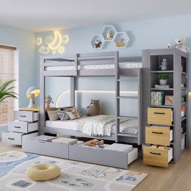 Letto a castello grigio in legno 90×200 cm, con 2 cassettoni, armadio laterale, scala integrata e comodino libero, senza materassi