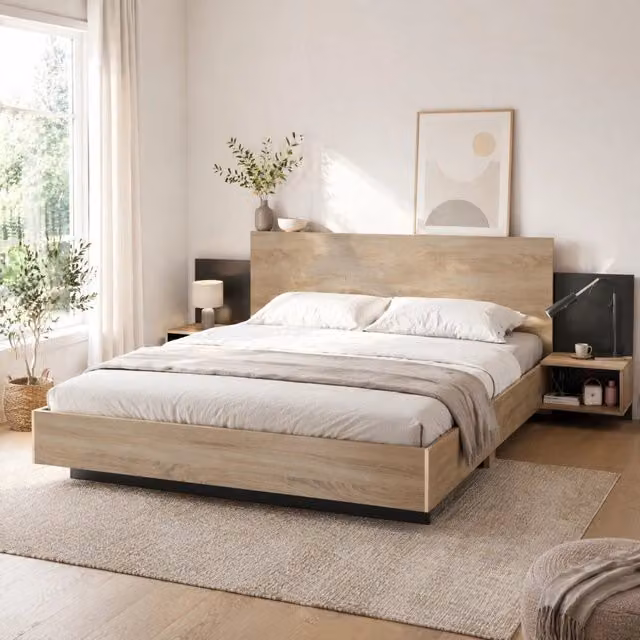 Letto 160x200 cm rovere sonoma e grigio scuro – 2 comodini integrati, senza materasso