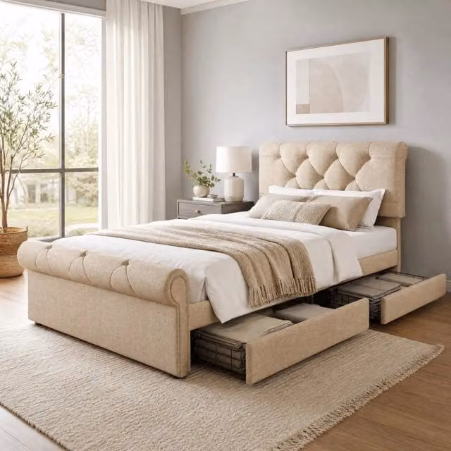 Letto singolo imbottito 90x200 cm con 2 cassetti e testiera regolabile; naturale
