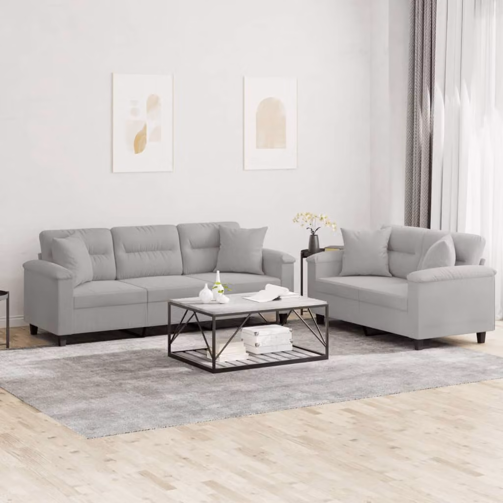 Set di 2 Divani vidaXL in Tessuto Microfibra Grigio con Cuscini, Design Moderno per Soggiorno