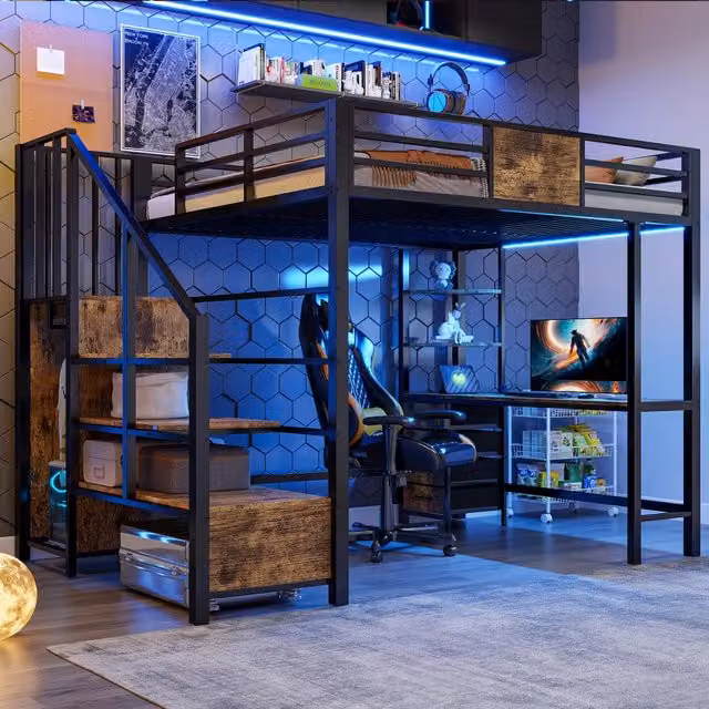 Letto a soppalco Mivray nero con scrivania, ripiani, appendiabiti, illuminazione LED e scala, L/P/H: 200 x 140 x 175 cm
