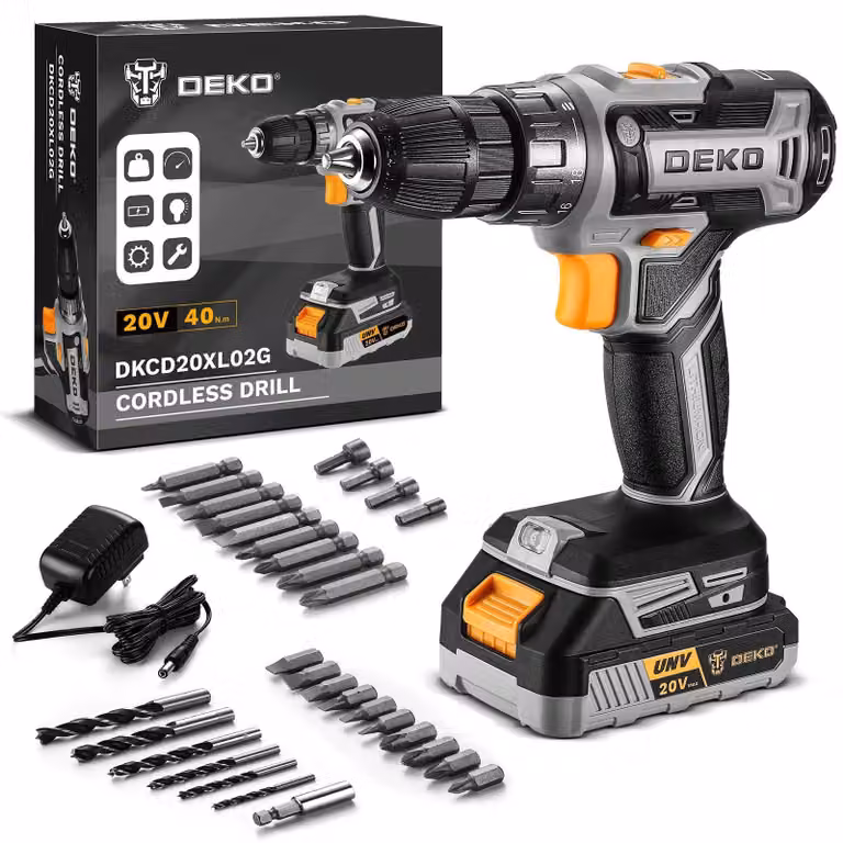 Trapano avvitatore a batteria da 20V per uso domestico, ideale per lavori in legno. Include batteria e caricabatterie. Codice prodotto: DKCD20XL02G-AZ01