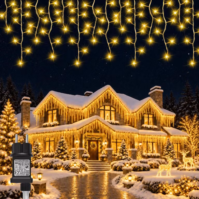 Catena luminosa "Ice Rain", 10 metri + 5 metri, 260 LED, luce bianca calda, 8 modalità, timer, grado di protezione IP65