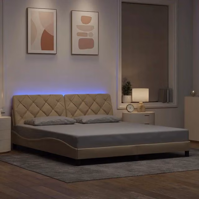 Letto con struttura imbottita vidaXL in tessuto beige con illuminazione LED e porta USB, L/P/H: 180 x 200 x 185 cm