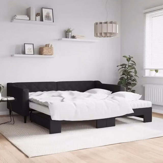 Divano Letto Estraibile vidaXL in Tessuto Nero con Cassettone per Soggiorno e Camera da Letto L/P/H: 223 x 110 x 67 cm, Materasso 100 x 200 cm – 1
