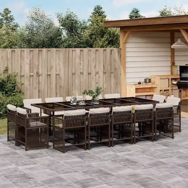 Set da pranzo da giardino moderno vidaXL in polyrattan marrone e bianco con tavolo in vetro e 15 pezzi – 1