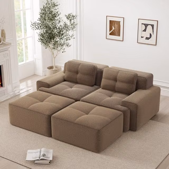 Divano modulare nuvola a U con pouf, divano 2 posti marrone in velluto a coste, 204x177x69 cm