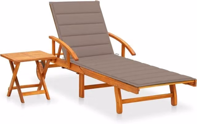 Lettino prendisole da giardino Outsunny in legno di acacia con cuscino beige e tavolo laterale