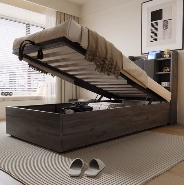 Letto singolo ULEVR 90x200 cm con contenitore idraulico, testiera con vani e porte USB/Type-C, grigio e color legno