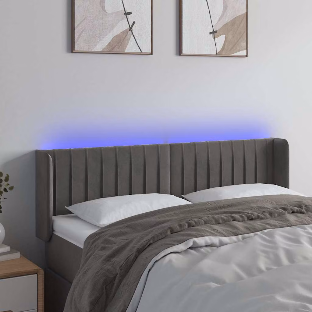 Testiera per letto vidaXL in velluto grigio con illuminazione LED e porta di ricarica USB, L: 147 cm, P: 16 cm, H: 78/88 cm