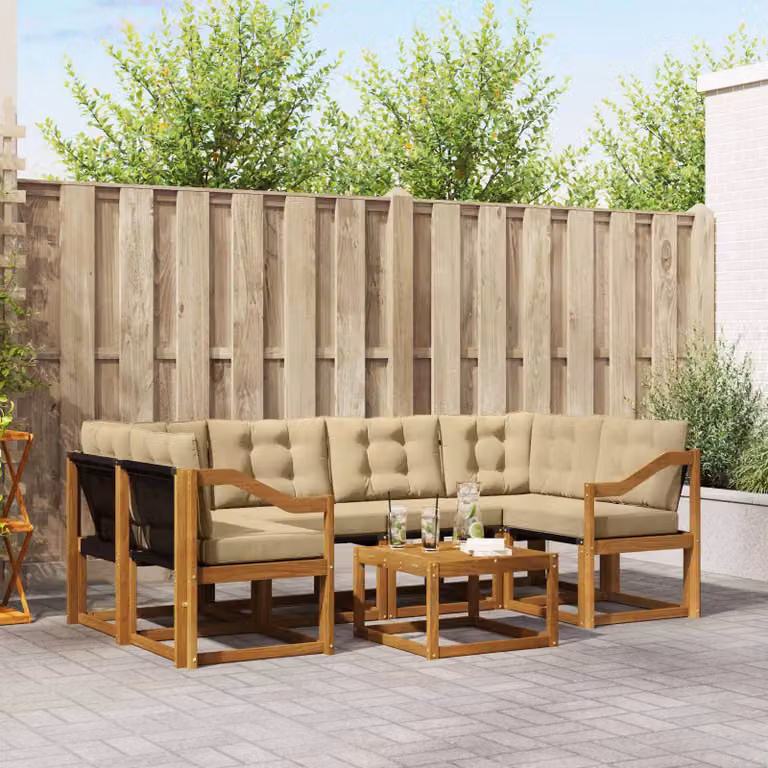 Set di divani da esterno vidaXL 7 pz in legno di acacia con tavolo da caffè e cuscini, colore marrone e beige
