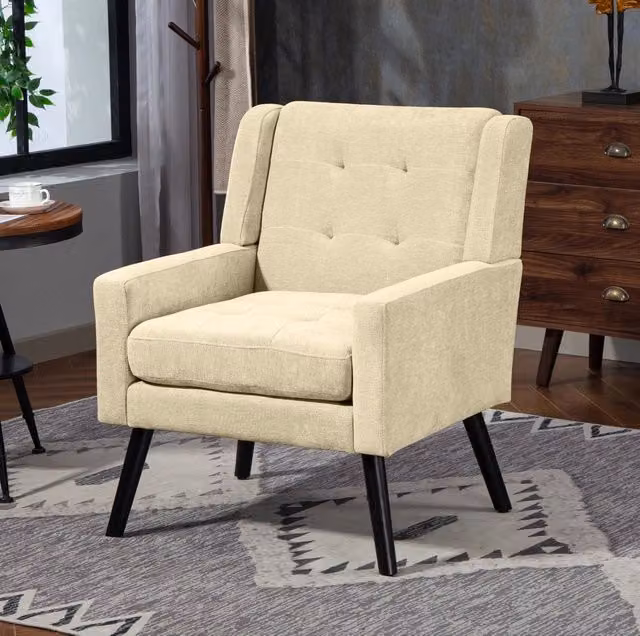 Poltrona imbottita beige in lino con gambe in legno massello