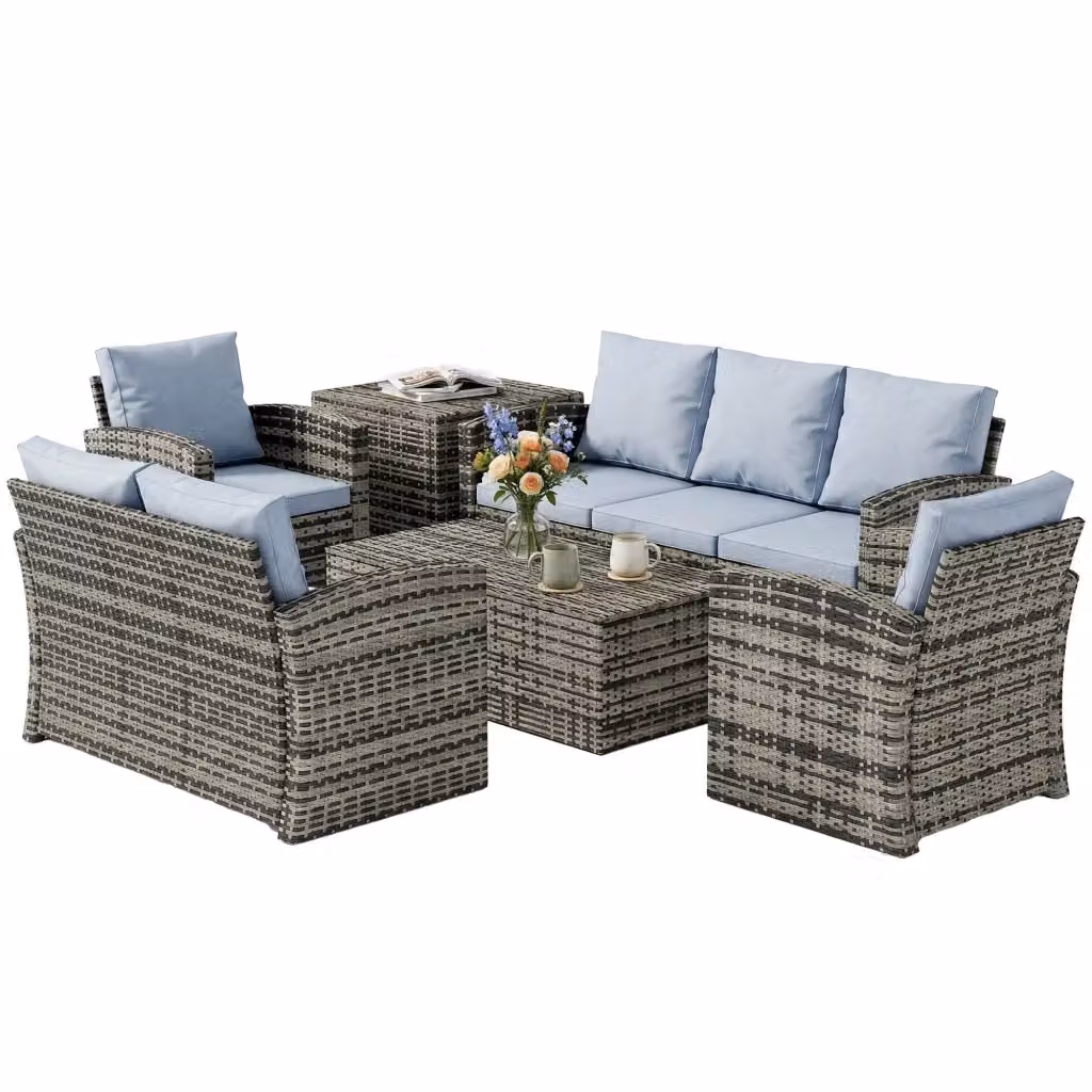 Set da esterno moderno in rattan e acciaio grigio composto da 6 pezzi con 2 divani a 2 posti, 2 poltrone, 2 tavolini contenitore e cuscini inclusi – 2
