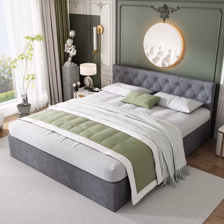Letto singolo imbottito STILVORA, 140x200 cm, con contenitore e rete a doghe, letto a una piazza con spazio contenitivo, in velluto, colore grigio (senza materasso)