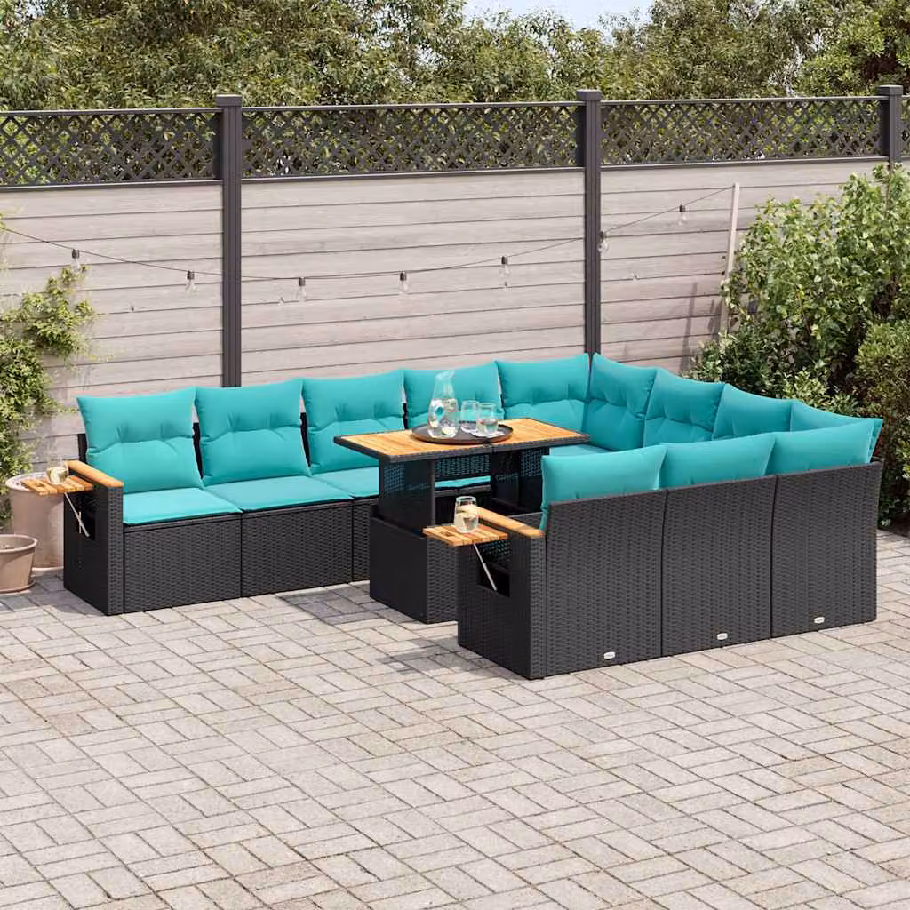 Set di divani da giardino vidaXL in polyrattan e legno di acacia nero con 11 pezzi e cuscini inclusi