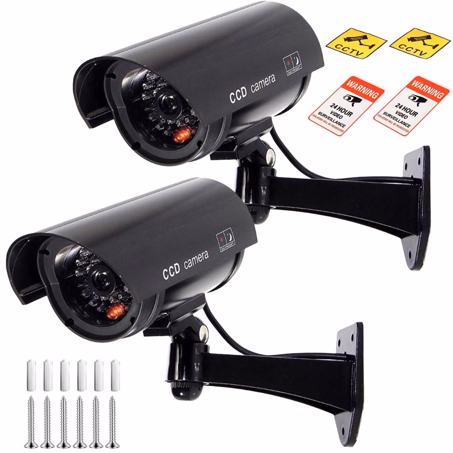 2 telecamere finte da esterno, progettate per simulare sistemi di videosorveglianza, con LED rossi lampeggianti