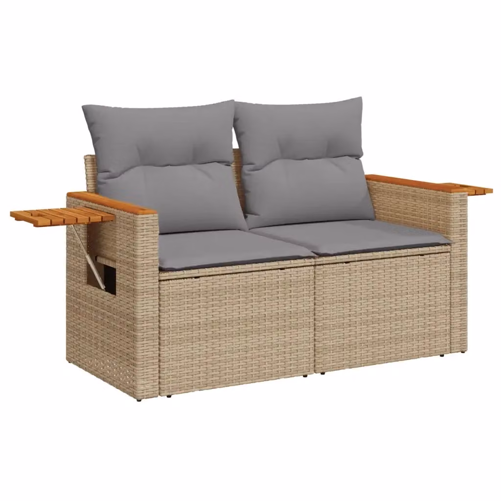 Divano da giardino a 2 posti vidaXL in polyrattan con cuscini beige e grigi e struttura in legno di acacia – 2