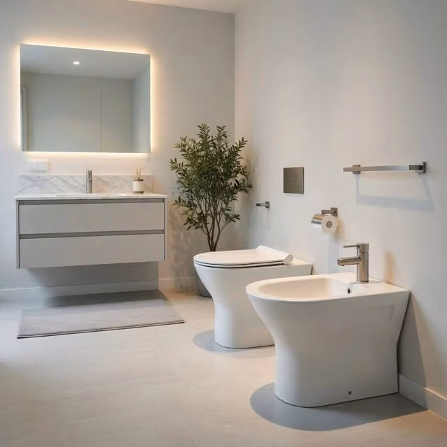 Set di sanitari filomuro FEELING Rak Ceramics in ceramica, WC, bidet e copriwater soft-close, Bianco – 1