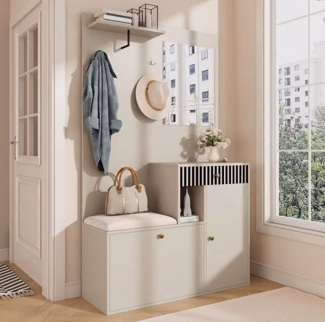 Mobile da ingresso con specchio e seduta imbottita 110x37x185;5 cm in MDF beige e crema