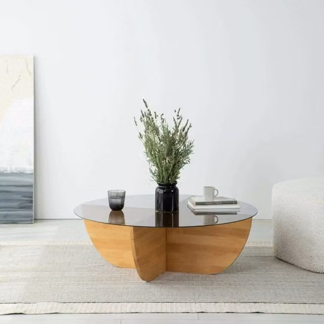 Tavolino da salotto rotondo DMORA in legno rovere e vetro, Marrone, L: 90 cm, P: 90 cm, H: 30 cm – 1