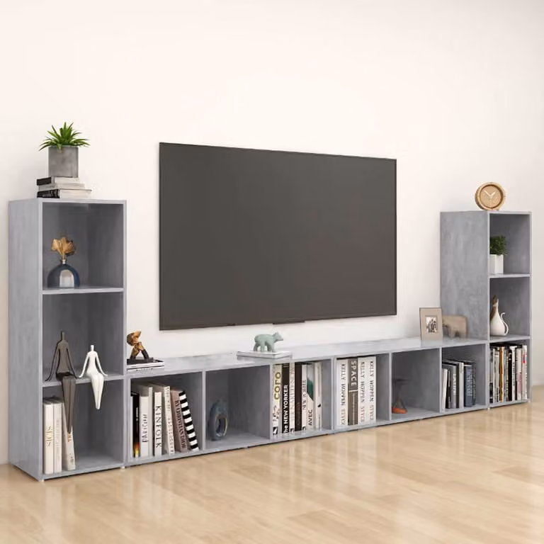 Set di mobili TV vidaXL in legno multistrato, 4 pezzi, colore grigio cemento, L 107 cm x P 35 cm x H 37 cm