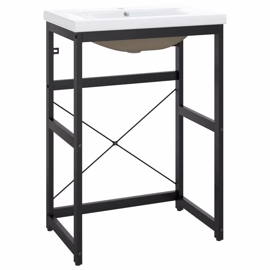 vidaXL Telaio per Lavabo da Bagno con Lavabo Integrato in Metallo e Ceramica Nero e Bianco L/P/H: 83 x 59 x 38 cm – 2