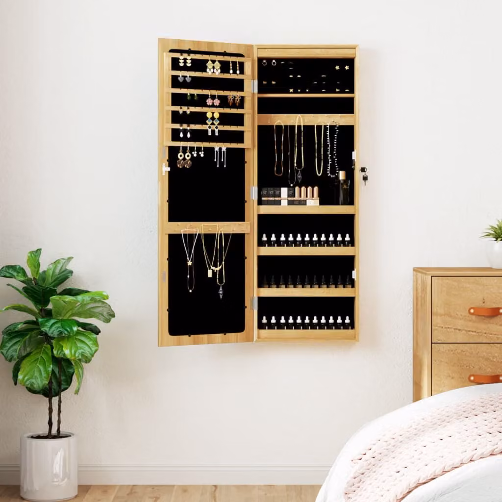 Armadio Portagioie con Specchio e Luci LED vidaXL in Legno e Vetro, Marrone, H: 106 cm, L: 37,5 cm, P: 10 cm