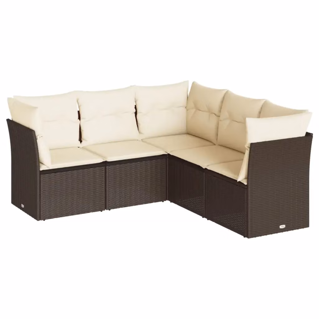 vidaXL Set Divano da Giardino a L 5 pz con Cuscini Marrone e Bianco in Polyrattan e Metallo – 2