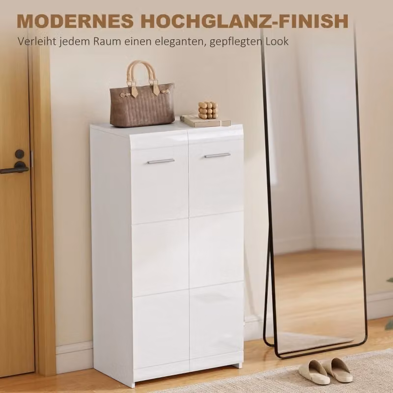 Scarpiera OKWISH moderna in legno bianco lucido con ripiani interni e ante a battente, L: 55 cm, P: 36 cm, H: 108 cm – 2