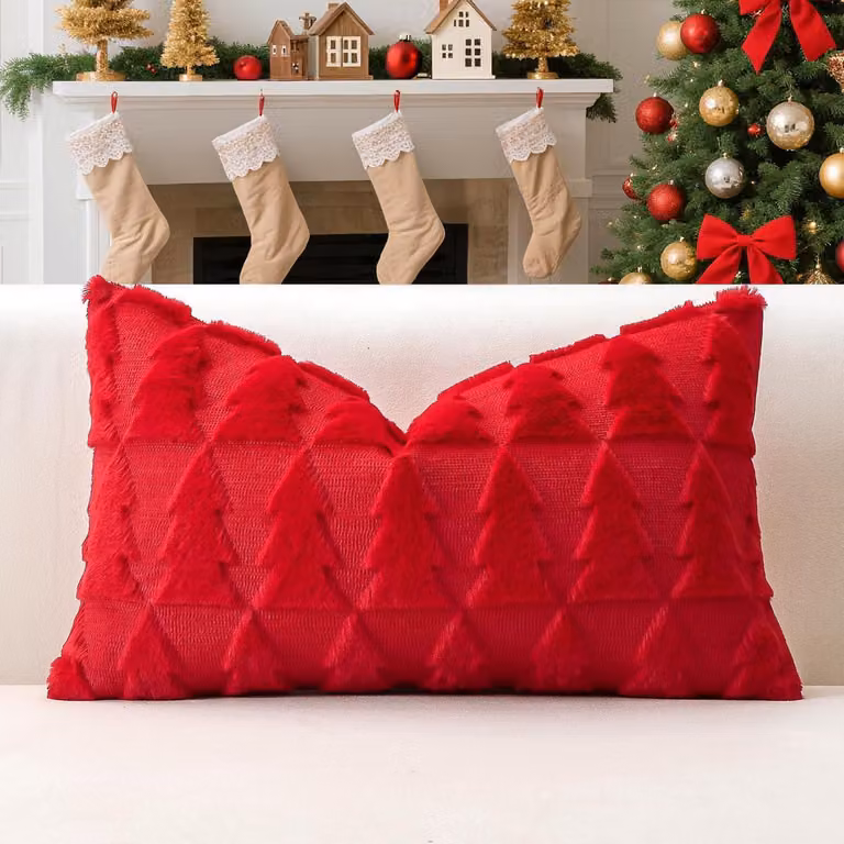 Copertura per cuscino a forma di albero di Natale, colore rosso, in velluto di lana, 40x60 cm, 1 pezzo
