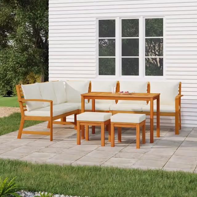Set da Pranzo da Giardino vidaXL in Legno di Acacia con Cuscini Bianchi, 7 Pezzi