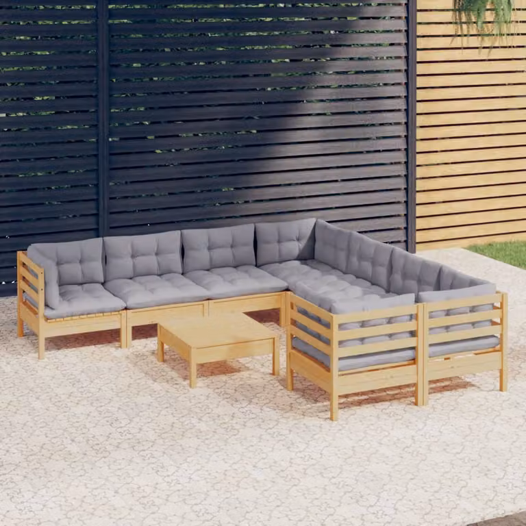 The Living Store Set da 9 pezzi per salotto da giardino con cuscini grigi in legno di pino