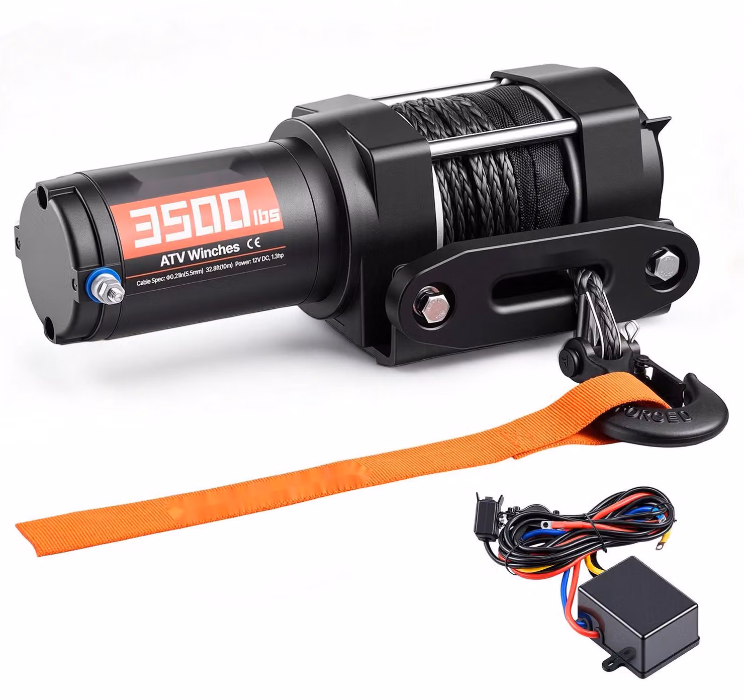 Avvolgitori elettrici per cavi - Motoriduttori elettrici da 12V - Capacità di traino: 1587 kg - Cavo sintetico da 10 metri, diametro 5,3 mm - Con telecomando a filo - Grado di protezione IP55 - Alloggiamento in alluminio - Adatti per ATV/UTV - Colore nero
