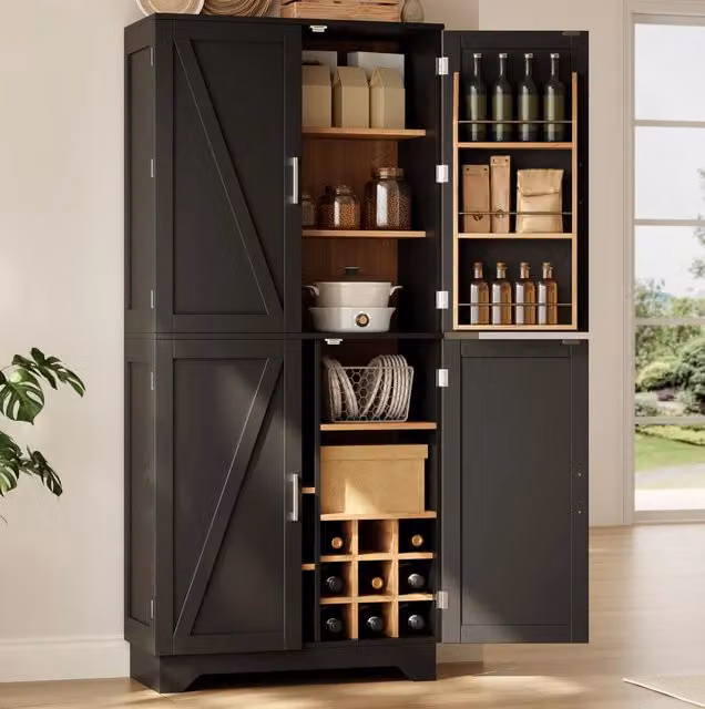 Credenza alta 80x40x180 cm in MDF nero con portabottiglie, salvaspazio -