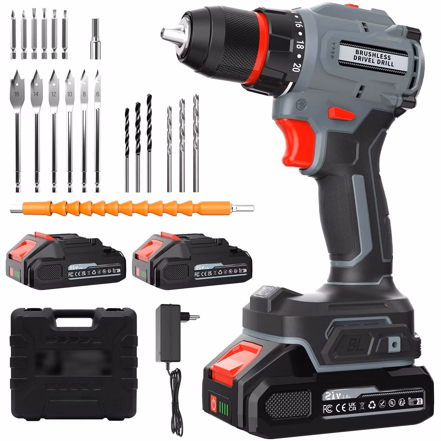 Trapano avvitatore a batteria brushless, 55 Nm, massimo 21 V, alimentato a batteria